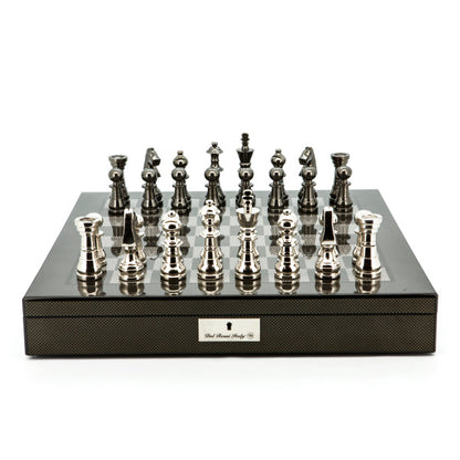 Dal Rossi Italy Chess Set Carbon Fibre Shinny Finish 20″ With Compartments, With Metal Dark Titanium and Silver chessmen 115mm