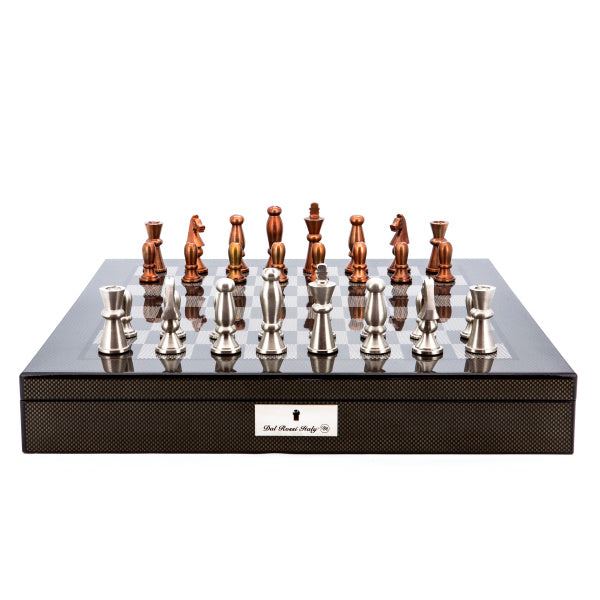 Dal Rossi Italy Chess Set Carbon Fibre Finish 20″ With Compartments, With Copper and Silver Weighted Metal Chess Pieces 85mm pieces