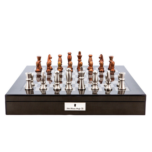 Dal Rossi Italy Chess Set Carbon Fibre Finish 20″ With Compartments, With Copper and Silver Weighted Metal Chess Pieces 85mm pieces