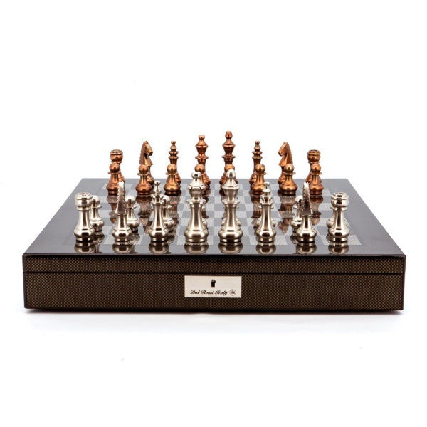 Dal Rossi Italy Chess Set Carbon Fibre Finish 20″ With Compartments, With Copper and Silver Weighted Metal Chess Pieces 100mm pieces