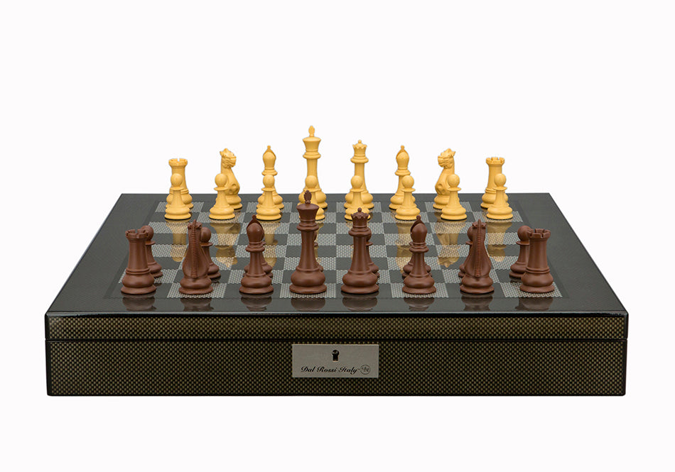 Dal Rossi Italy Chess Set Carbon Fibre Shinny Finish20″ With Compartments, With Queens Gambit Chessmen 90mm