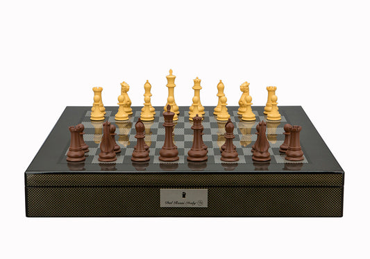 Dal Rossi Italy Chess Set Carbon Fibre Shinny Finish20″ With Compartments, With Queens Gambit Chessmen 90mm