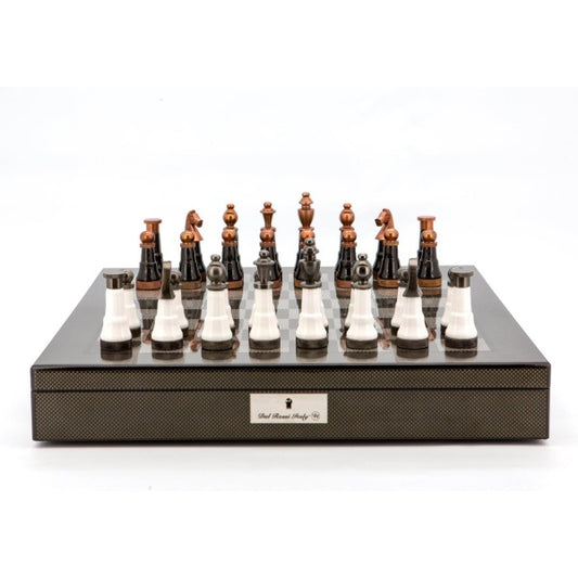 Dal Rossi Italy Chess Set Carbon Fibre Finish 20″ With Compartments,With Black and White Copper and Gun Metal Gray Tops and Bottoms Chessmen 110mm