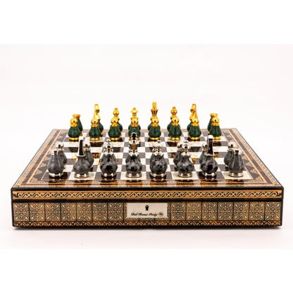 Dal Rossi Italy Chess Set Mosaic Finish 20″ With Compartments, With Gray and Green Gold and Silver Tops and Bottoms Chess Pieces 90mm