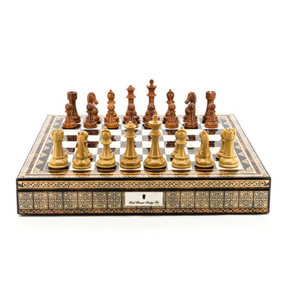 Dal Rossi Italy Chess Set Mosaic Shinny Finish 20″ With Compartments, Brown and Box Wood Grain Finish Chess Pieces 110mm