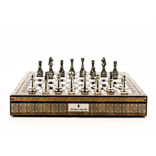 Dal Rossi Italy Chess Set Mosaic Shinny Finish 20″ With Compartments, With Metal Dark Titanium and Silver chessmen 85mm