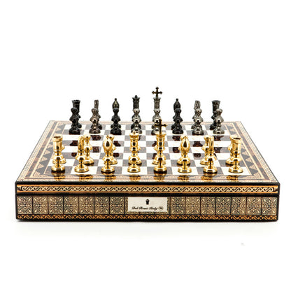 Dal Rossi Italy Chess Set Mosaic Shinny Finish 20″ With Compartments, With Metal Dark Titanium and Gold Chessmen 110mmm