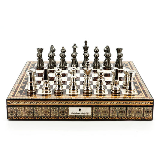 Dal Rossi Italy Chess Set Mosaic Shinny Finish 20″ With Compartments, With Metal Dark Titanium and Silver chessmen 115mm