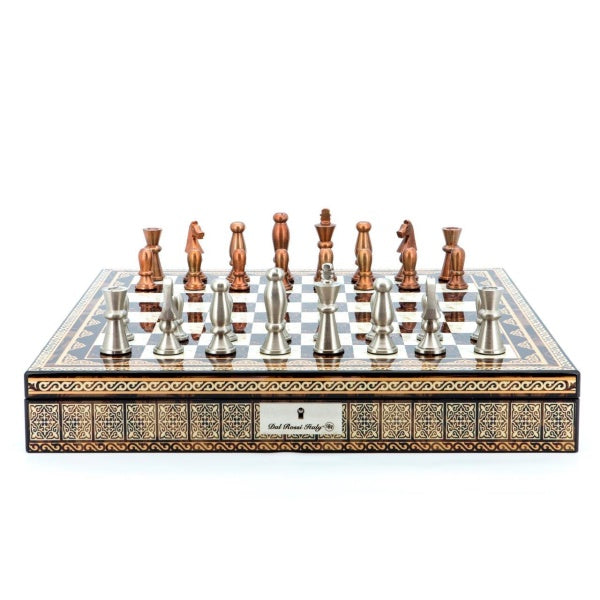 Dal Rossi Italy Chess Set Mosaic Shinny Finish 20″ With Compartments, With Copper &amp; Silver Weighted Metal Chess Pieces 85mm pieces