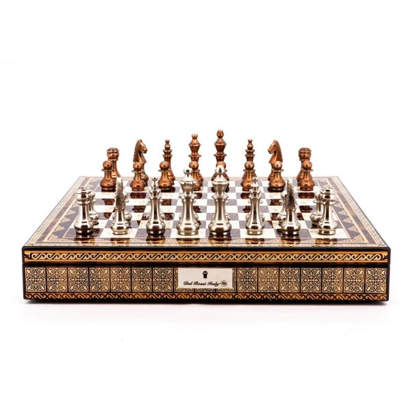 Dal Rossi Italy Chess Set Mosaic Shinny Finish 20″ With Compartments, With Copper &amp; Silver Weighted Metal Chess Pieces 100mm pieces