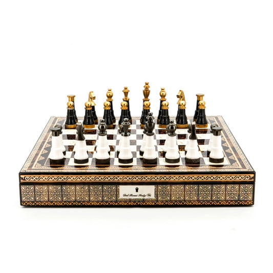 Dal Rossi Italy Chess Set Mosaic Shinny Finish 20″ With Compartments, With Black and White with Gold and Gun Metal Tops and Bottoms Chessmen 110mm