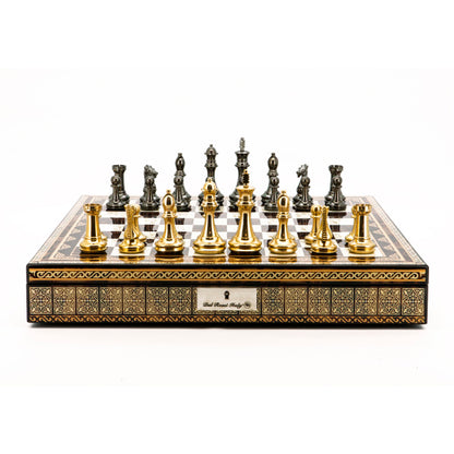 Dal Rossi Italy Chess Set Mosaic Shinny Finish 20″ With Compartments, With Very Heavy Brass Staunton Gold and Silver chessmen 110mm