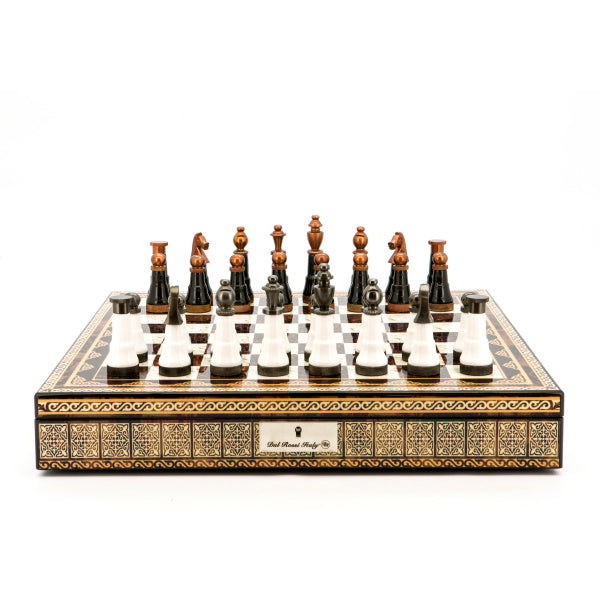 Dal Rossi Italy Chess Set Mosaic Finish 20″ With Compartments, With Black and White with Copper and Gun Metal Gray Tops and Bottoms Chess Pieces 110mm