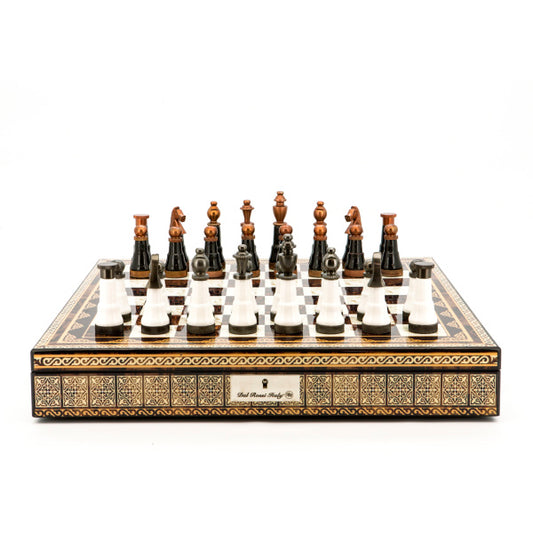 Dal Rossi Italy Chess Set Mosaic Finish 20″ With Compartments, With Black and White with Copper and Gun Metal Gray Tops and Bottoms Chess Pieces 110mm