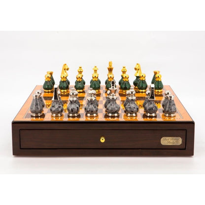 Dal Rossi Italy Chess Set Walnut 18" With Gray and Green Gold and Silver Metal Tops and Bottoms Chess Pieces 90mm