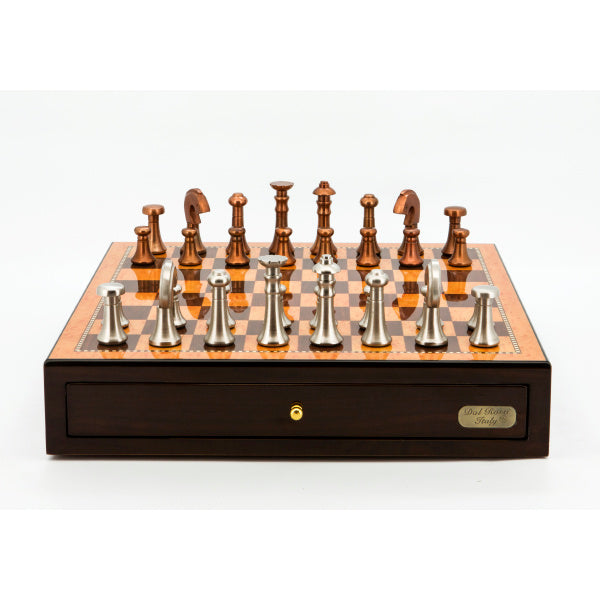 Dal Rossi Italy Chess Set Walnut Finish 18" With two Drawers, With Metal Copper and silver Chessmen 80mm