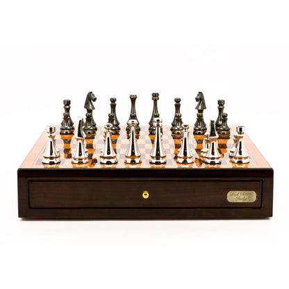 Dal Rossi Italy Chess Set Walnut Finish 18" With two Drawers, With Metal Dark Titanium and Silver chessmen 85mm