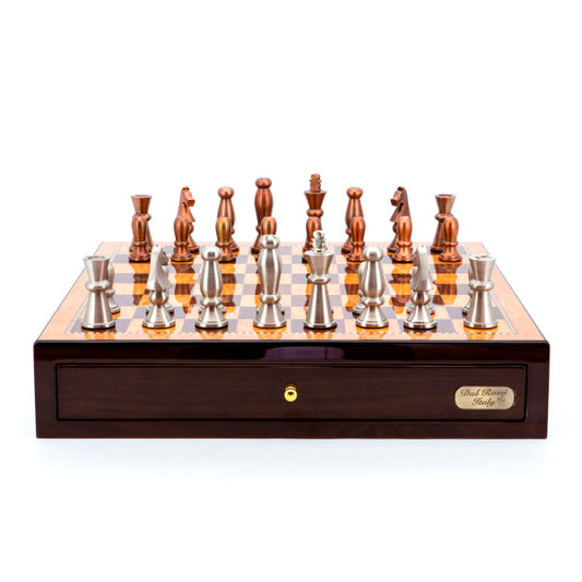 Dal Rossi Italy Chess Set Walnut Finish 18" With two Drawers, With Copper and Silver Weighted Metal Chess Pieces