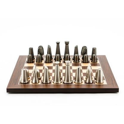 Dal Rossi Italy Chess Set Palisander / Maple Flat Board 40cm, With Metal Dark Titanium and Silver chessmen 85mm