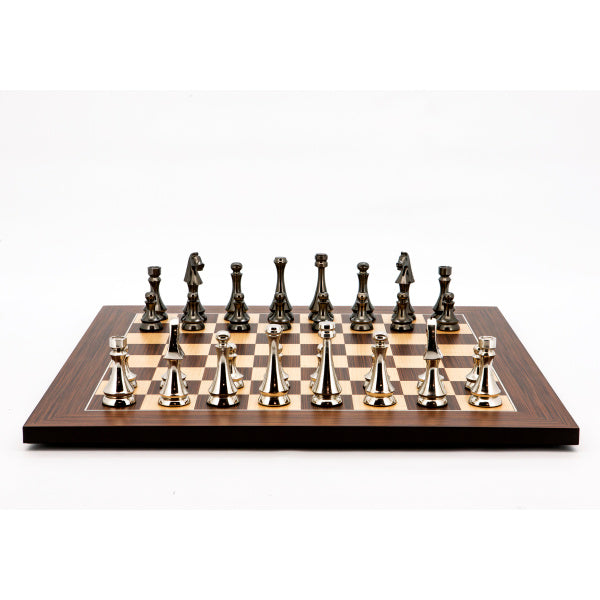 Dal Rossi Italy Chess Set Palisander / Maple Flat Board 50cm, With Metal Dark Titanium and Silver chessmen 85mm