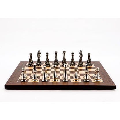 Dal Rossi Italy Chess Set Palisander / Maple Flat Board 50cm, With Metal Dark Titanium and Silver chessmen 85mm