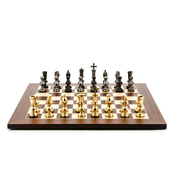 Dal Rossi Italy Chess Set Palisander / Maple Flat Board 50cm, With Metal Dark Titanium and Gold Chessmen 110mm