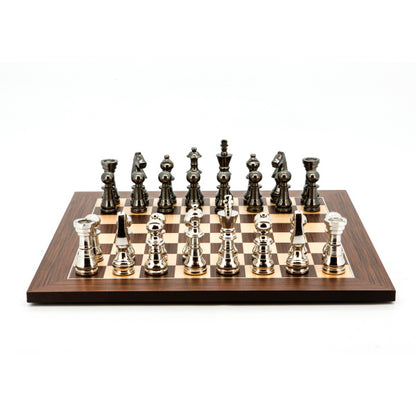 Dal Rossi Italy Chess Set Palisander / Maple Flat Board 50cm, With Metal Dark Titanium and Silver chessmen 115mm