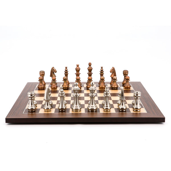 Dal Rossi Italy Chess Set Flat Palisander/Maple Board 50cm, With Copper and Silver Weighted Metal 100mm Chess Pieces