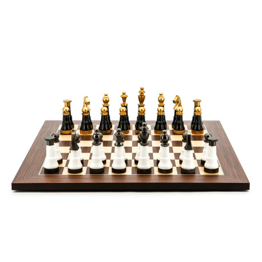 Dal Rossi Italy Chess Set Palisander / Maple Flat Board 50cm, With Black and White with Gold and Gun Metal Tops and Bottoms Chessmen 110mm