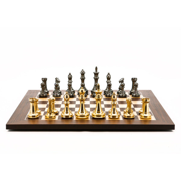 Dal Rossi Italy Chess Set Palisanders Maple Flat Board 50cm, With Very Heavy Brass Staunton Gold and Silver chessmen 110mm