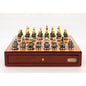 Dal Rossi Italy Chess Set Mahogany Finish 18" With Gray and Green Gold and Silver Metal Tops and Bottoms Chess Pieces 90mm