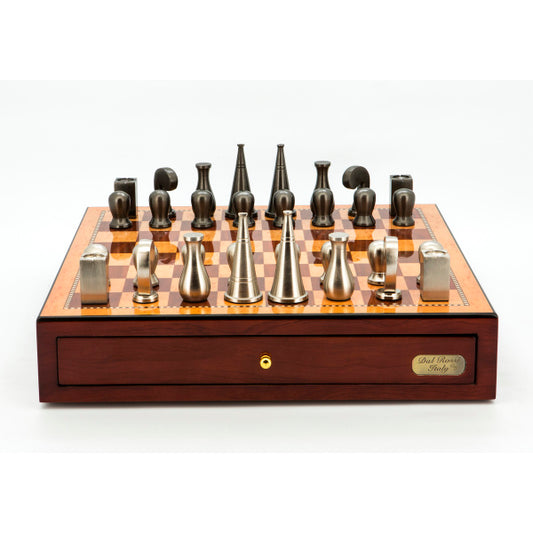 Dal Rossi Italy Chess Set Mahogany Finish 18", With Metal Dark Titanium and Silver 90mm Chessmen