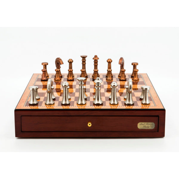 Dal Rossi Italy Chess Set Mahogany Finish 18" With two Drawers, With Metal Copper and silver Chessmen 80mm