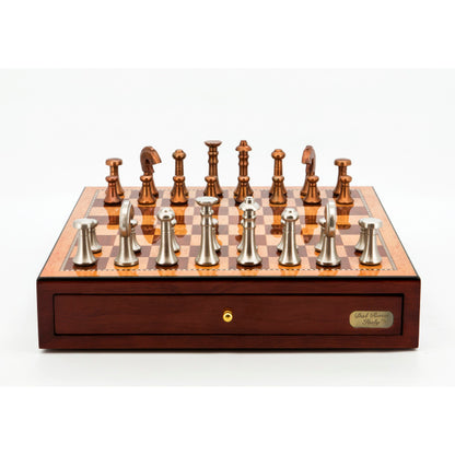 Dal Rossi Italy Chess Set Mahogany Finish 18" With two Drawers, With Metal Copper and silver Chessmen 80mm