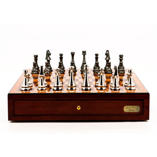 Dal Rossi Italy Chess Set Mahogany Finish 18" With two Drawers, With Metal Dark Titanium and Silver chessmen 85mm