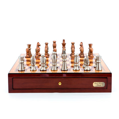 Dal Rossi Italy Chess Set Mahogany Finish 18" With two Drawers, With Copper and Silver Weighted Metal Chess Pieces