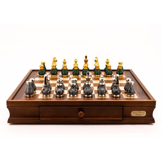 Dal Rossi Italy Chess Set Walnut Finish 20″ With Two Drawers, With Gray and Green Gold and Silver Tops Chess Pieces 90mm