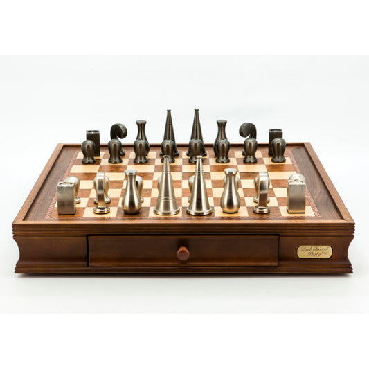 Dal Rossi Italy Chess Set Walnut Finish 20″ With Two Drawers, Metal Dark Titanium and Silver 90mm  Chessmen