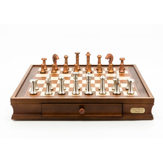 Dal Rossi Italy Chess Set Walnut Finish 20″ With Two Drawers, With Metal Copper and Silver 80mm Chessmen