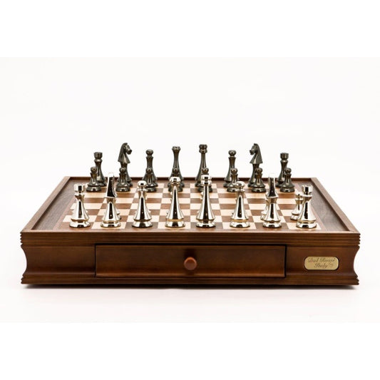 Dal Rossi Italy Chess Set Walnut Finish 20″ With Two Drawers, With Metal Dark Titanium and Silver chessmen 85mm