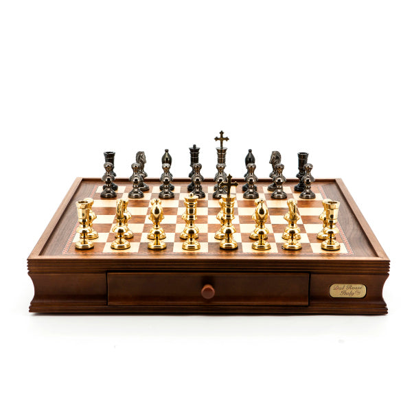 Dal Rossi Italy Chess Set Walnut Finish 20″ With Two Drawers, With Metal Dark Titanium and Gold Chessmen 110mm