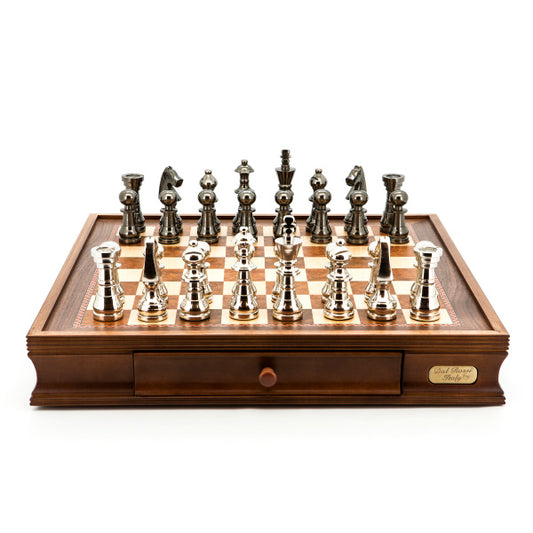 Dal Rossi Italy Chess Set Walnut Finish 20″ With Two Drawers, With Metal Dark Titanium and Silver chessmen 115mm