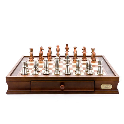 Dal Rossi Italy Chess Set Walnut Finish 20″ With Two Drawers, With Copper &amp; Silver Weighted Metal Chess Pieces 85mm pieces