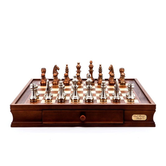 Dal Rossi Italy Chess Set Walnut Finish 20″ With Two Drawers, With Copper &amp; Silver Weighted Metal Chess Pieces 100mm pieces