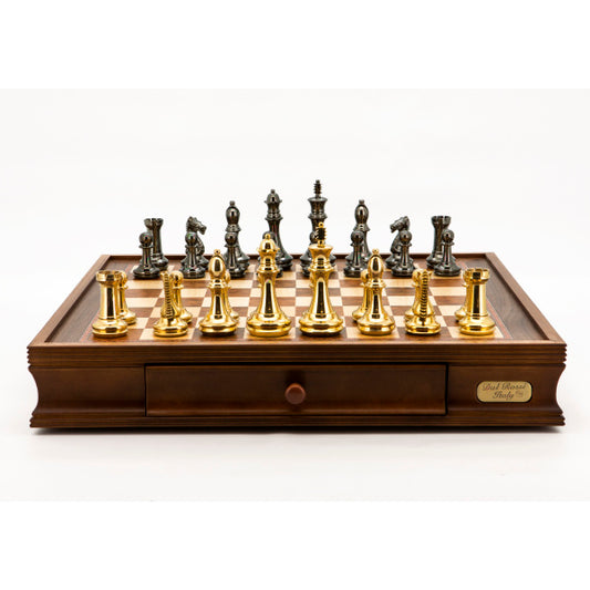 Dal Rossi Italy Chess Set Walnut Finish 20″ With Two Drawers, With Very Heavy Brass Staunton Gold and Silver chessmen 110mm