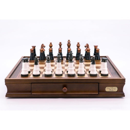 Dal Rossi Italy Chess Set Walnut Finish 20″ With Two Drawers, With Black and White Copper and Gun Metal Gray Tops Pieces 110mm