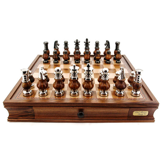 Dal Rossi LARGE Metal Wood Chess Set With Two Drawers 20" Walnut Finish