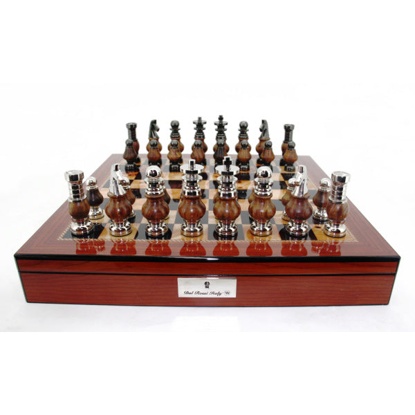 Dal Rossi LARGE Metal Wood Chess Set With compartments 20" Walnut Finish