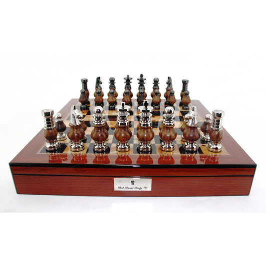 Dal Rossi LARGE Metal Wood Chess Set With compartments 20" Walnut Finish