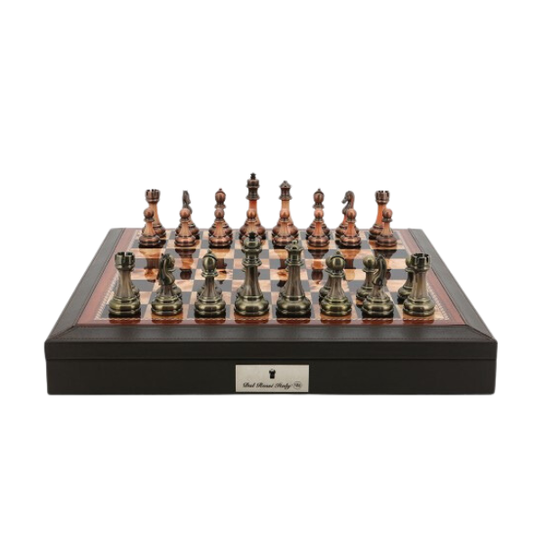 Dal Rossi Brown PU Leather Bevelled Edge 16" with Antique Green and Copper Finish Chessmen